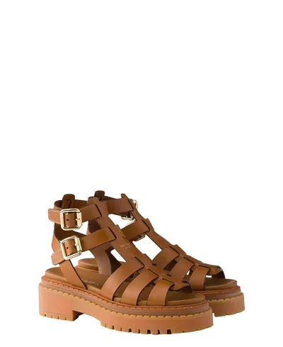 Prada Women's Leather Sandals With Ankle Straps In Brown
