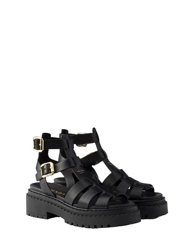 Prada Leather Sandals With Ankle Straps In Black