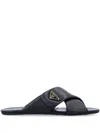 Prada Padded Leather Crisscross Flat Sandals In Black