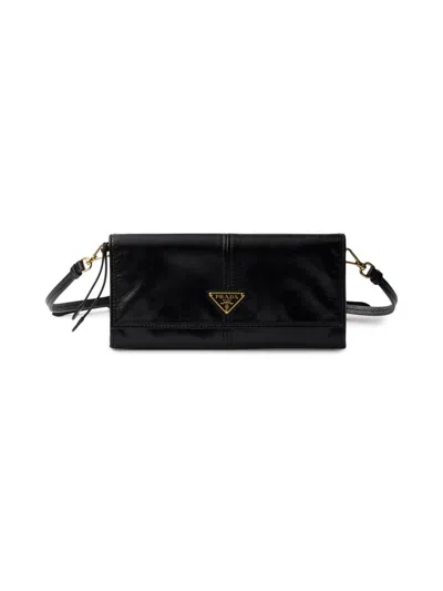 Prada Women's Leather Wallet With Shoulder Strap In Black