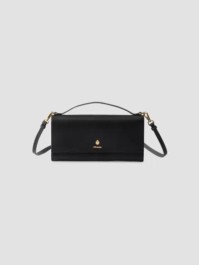 Prada Women's Leather Wallet With Shoulder Strap In Black