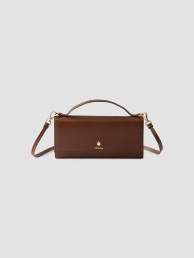 Prada Leather Wallet With Shoulder Strap In Brown