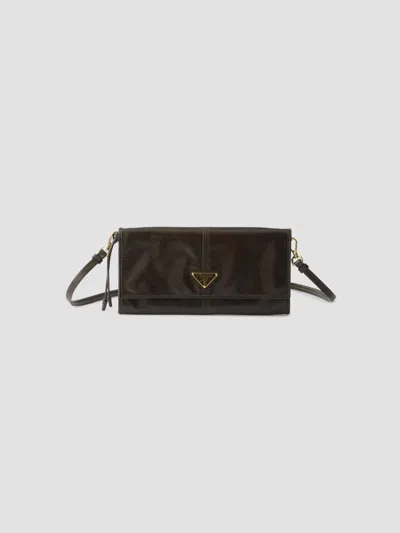 Prada Women's Leather Wallet With Shoulder Strap In Dark Green