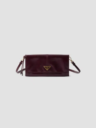 Prada Women's Leather Wallet With Shoulder Strap In Dark Red