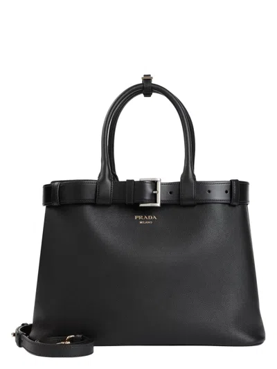Prada Buckle Leather Large Tote Bag In Black