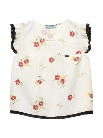 Prada Linen Top With Floral Motif In Neutral