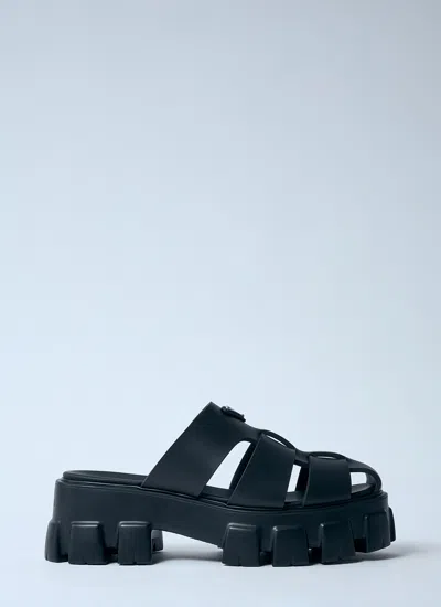 Prada Women Logo Plaque Rubber Sandals In Black