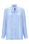 Prada Bow Tie Collar Shirt Pleated Front In Blue