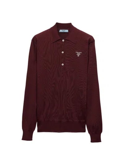 Prada Logo刺绣真丝polo衫 In Dark Red