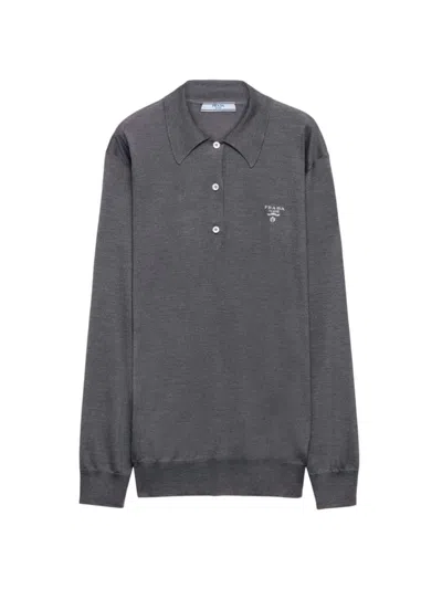 Prada Logo-embroidered Relaxed-fit Silk Polo Shirt In Grey