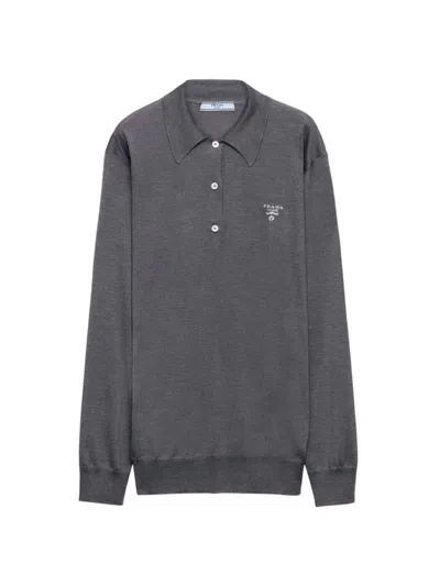 Prada Women's Long-sleeved Silk Polo Shirt In Grey