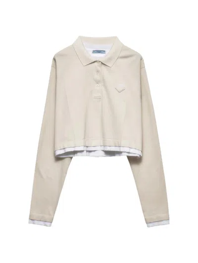 Prada Women's Long-sleeved Piqué And Jersey Polo Shirt In Neutral