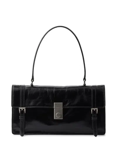 Prada Women Medium Glossy Finish Leather Work Handbag In Black