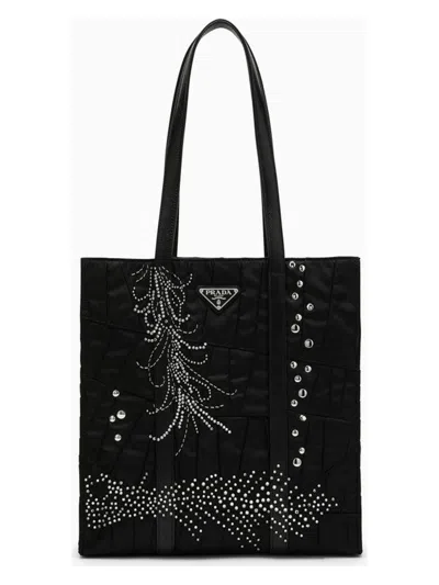 Prada Women's Medium Re-nylon Shopping Bag With Embroidery In Black