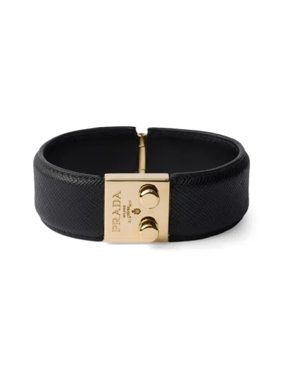 Prada Women's Metal And Saffiano Leather Bracelet In Black