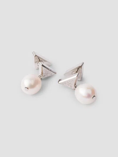 Prada Women's Metal Earrings With Pearls In Silver White