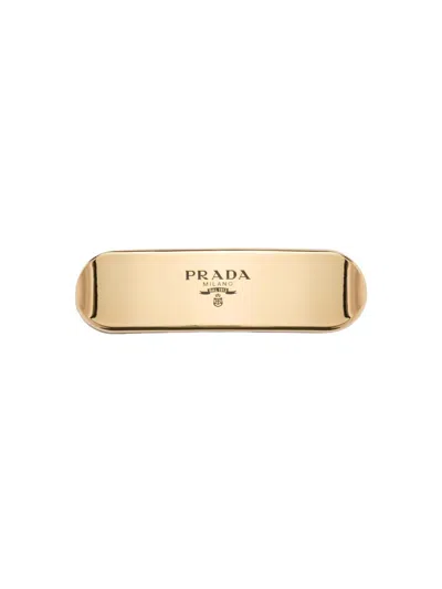 Prada Enameled Logo Hair Clip In Gold