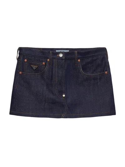 Prada Brand-plaque Low-rise Denim Mini Skirt In Blue