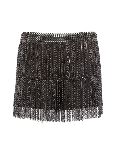 Prada Metal-chain Fringed Mini Skirt In Assorted