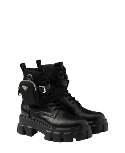 PRADA WOMEN'S MONOLITH LEATHER AND RE-NYLON BOOTS WITH POUCH