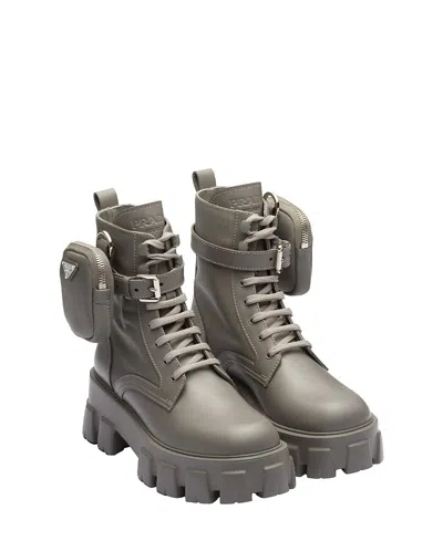 PRADA WOMEN'S MONOLITH LEATHER AND RE-NYLON BOOTS WITH POUCH