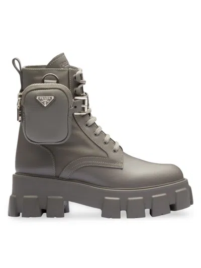 Prada Monolith Leather And Re-nylon Boots With Pouch In Grey