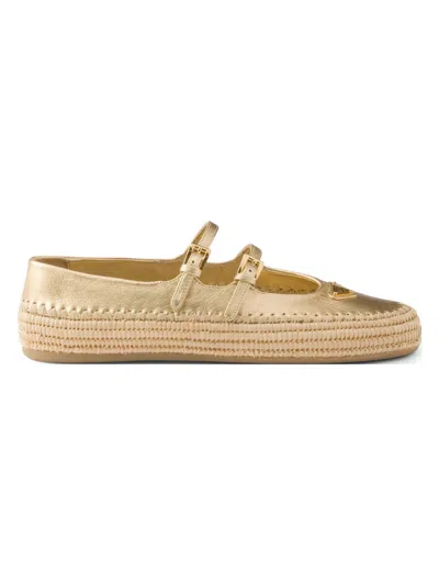 Prada Gold Raffia And Leather Espadrilles In Silver