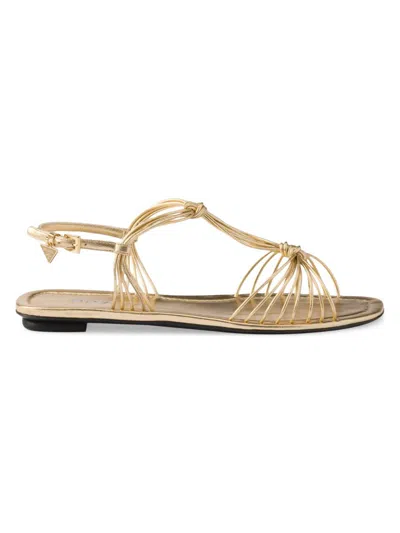 Prada Leather Sandals Flat Sole Open Toe Strappy In Gold