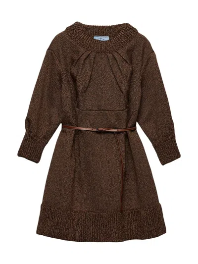 Prada Mouliné Wool Mini Dress In Brown
