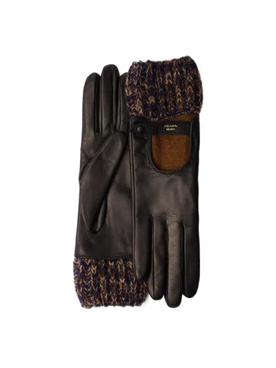 Prada Women's Nappa Leather And Mélange Knit Gloves In Blue
