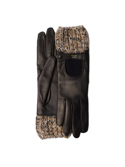 Prada Women's Nappa Leather And Mélange Knit Gloves In Brown