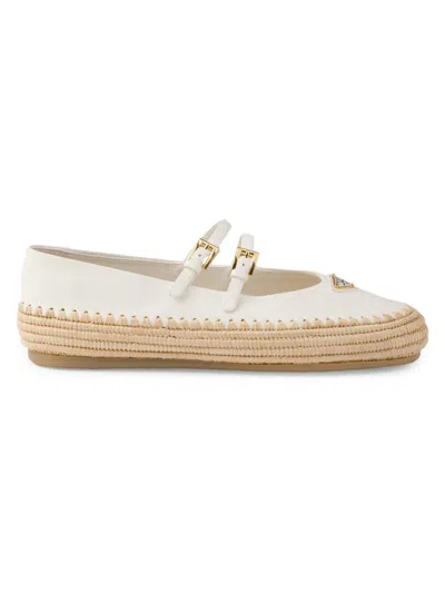 PRADA WOMEN'S NAPPA LEATHER AND RAFFIA BALLERINAS