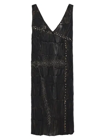 Prada Nappa Leather Patchwork Dress In Black