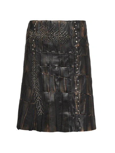 Prada Women's Nappa Leather Patchwork Skirt In Black