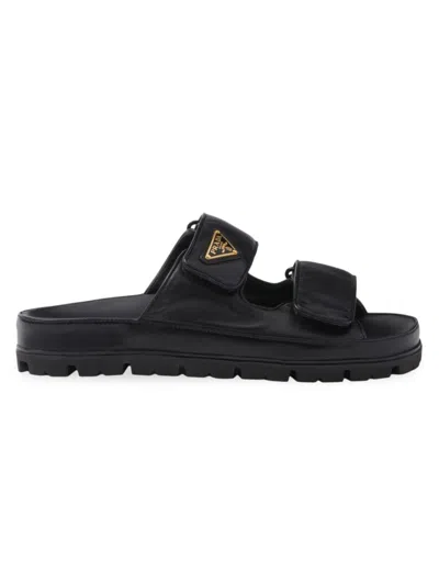 Prada Nappa Leather Slippers Metal Logo In Black
