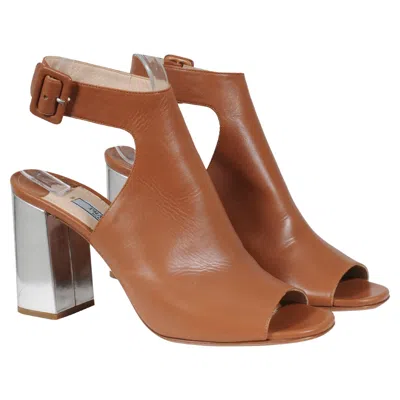 Pre-owned Prada Women Open Toe Ankle Bootie Size Us9.5 Eu39.5 Brown Tan Leather Boots
