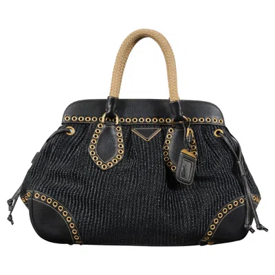 Pre-owned Prada Women Paglia Vitello Daino Frame Satchel Shoulder Bag Black Woven Raffia