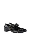 Prada Block Heel Round Toe Patent Finish Studded Detail In Black
