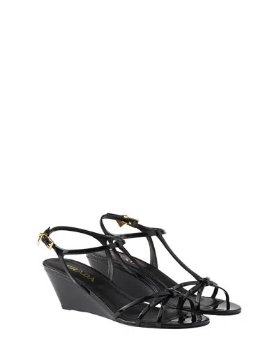 Prada Leather Sandals Wedge Heel Open Toe In Black