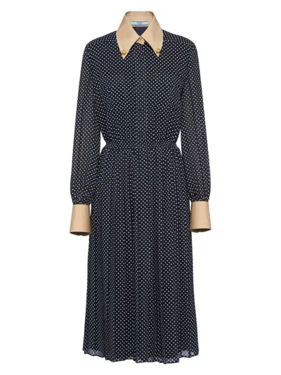 Prada Polka-dot Georgette Dress In Blue