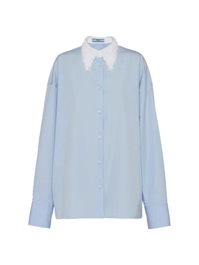 Prada Fringed-collar Shirt In F0076 Celeste