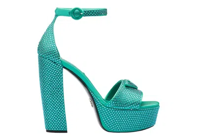 Pre-owned Prada Women's  135mm Crystal Platform Sandals Absinthe Satin Sneakers In Teal