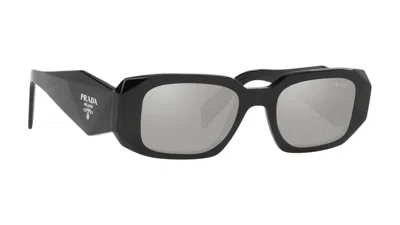 Pre-owned Prada Women's  17ws 1ab2b0 Plastic Rectangle Silver Mirror Lens Sunglasses In Black
