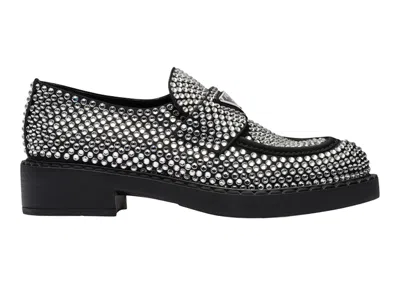 Pre-owned Prada Women's  50mm Crystal Loafer Satin Sneakers In Black/silver In Multi