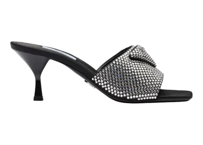 Pre-owned Prada Women's  65mm Crystal Heeled Sandals Satin Sneakers In Silver/black