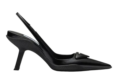 Pre-owned Prada Women's  65mm Slingback Pumps Brushed Leather Sneakers In Black