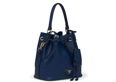 Pre-owned Prada Women's  Bucket Bag Saffiano Leather Goldtone In Blue