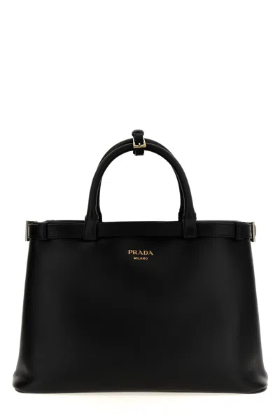 Prada Buckle Medium Leather Handbag With Belt In Black