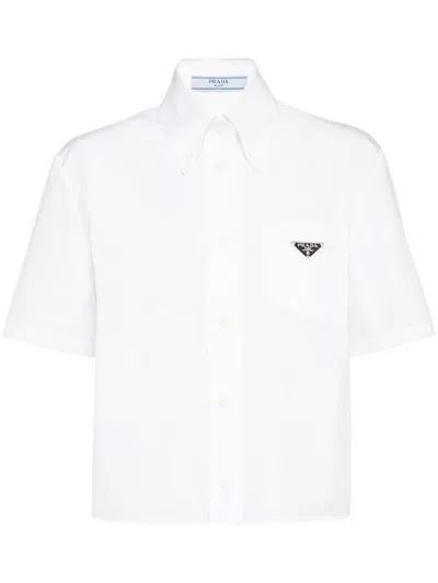 Pre-owned Prada Women's  Logo Plaqued Cropped Shirt In White