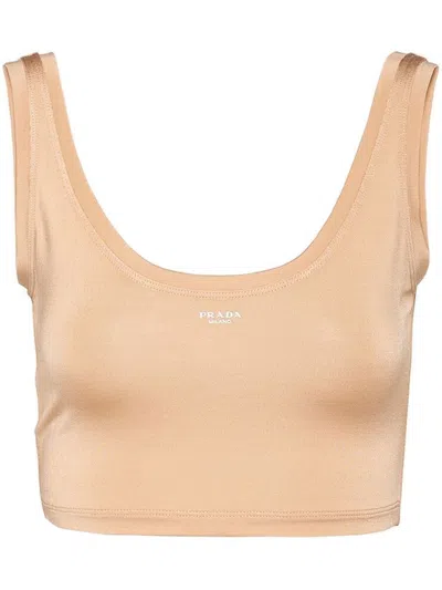 Pre-owned Prada Women's  Logo Stamped Sleeveless Tank Top In Beige In Sand